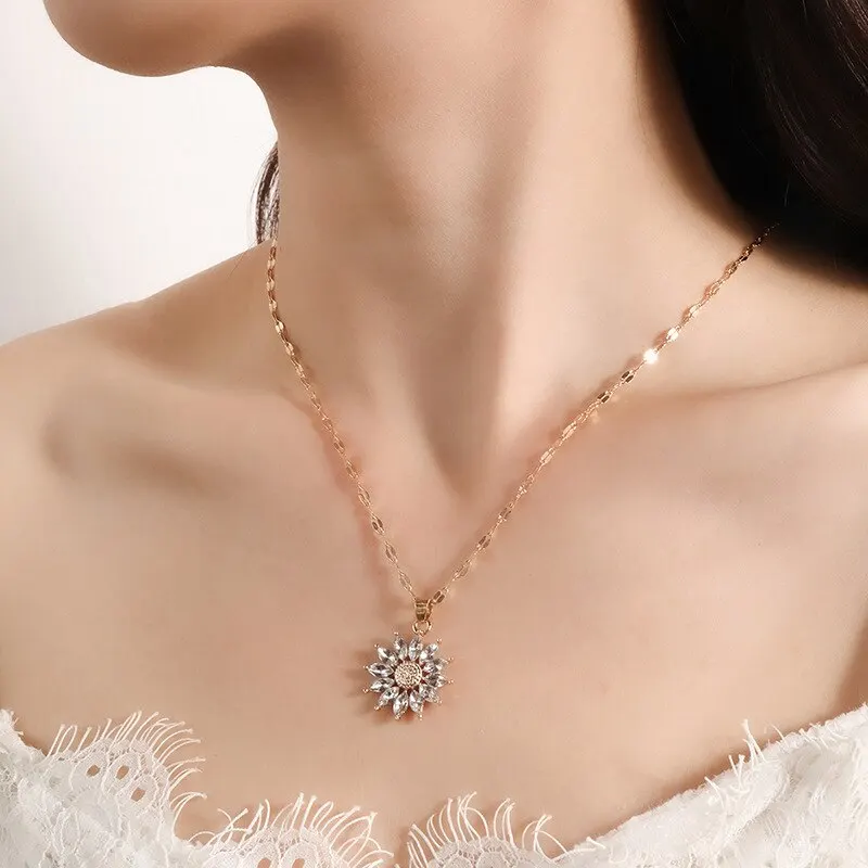1PCS Gold-color Necklace Ladies Light Style Flower Pendant Inlaid 2025 Zirconia Titanium Steel new Chain Holiday Jewelry