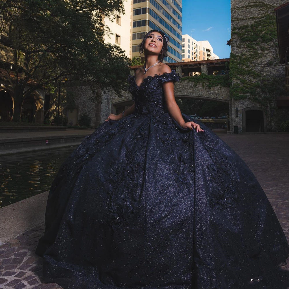 ANGELSBRIDEP Chic Black Quinceanera Dresses Corset Ball Gown Beading 3D Flowers Appliqued Formal Prom Birthday Gowns Princess