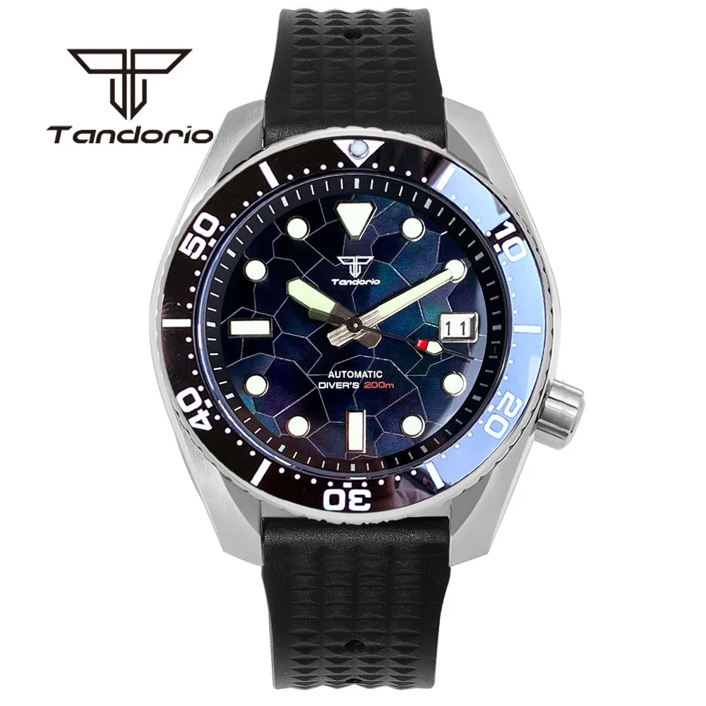 Tandorio NH35A Mother of Pearl Dial Date SBDX001 Model 42.5mm 20Bar Dive Men's Automatic Wristwatch Sapphire Crystal Rubber Band