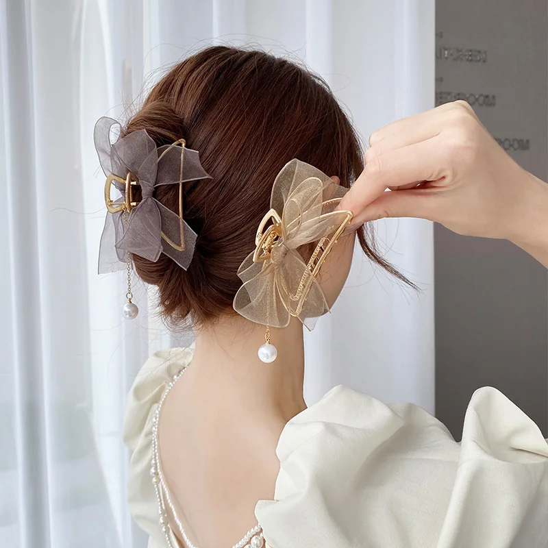 Korean Mesh Bow Tassel Grab Clip Girls Elegant Crab Ponytail Braid Claw Clip Women Delicate Bath Hair Accessories