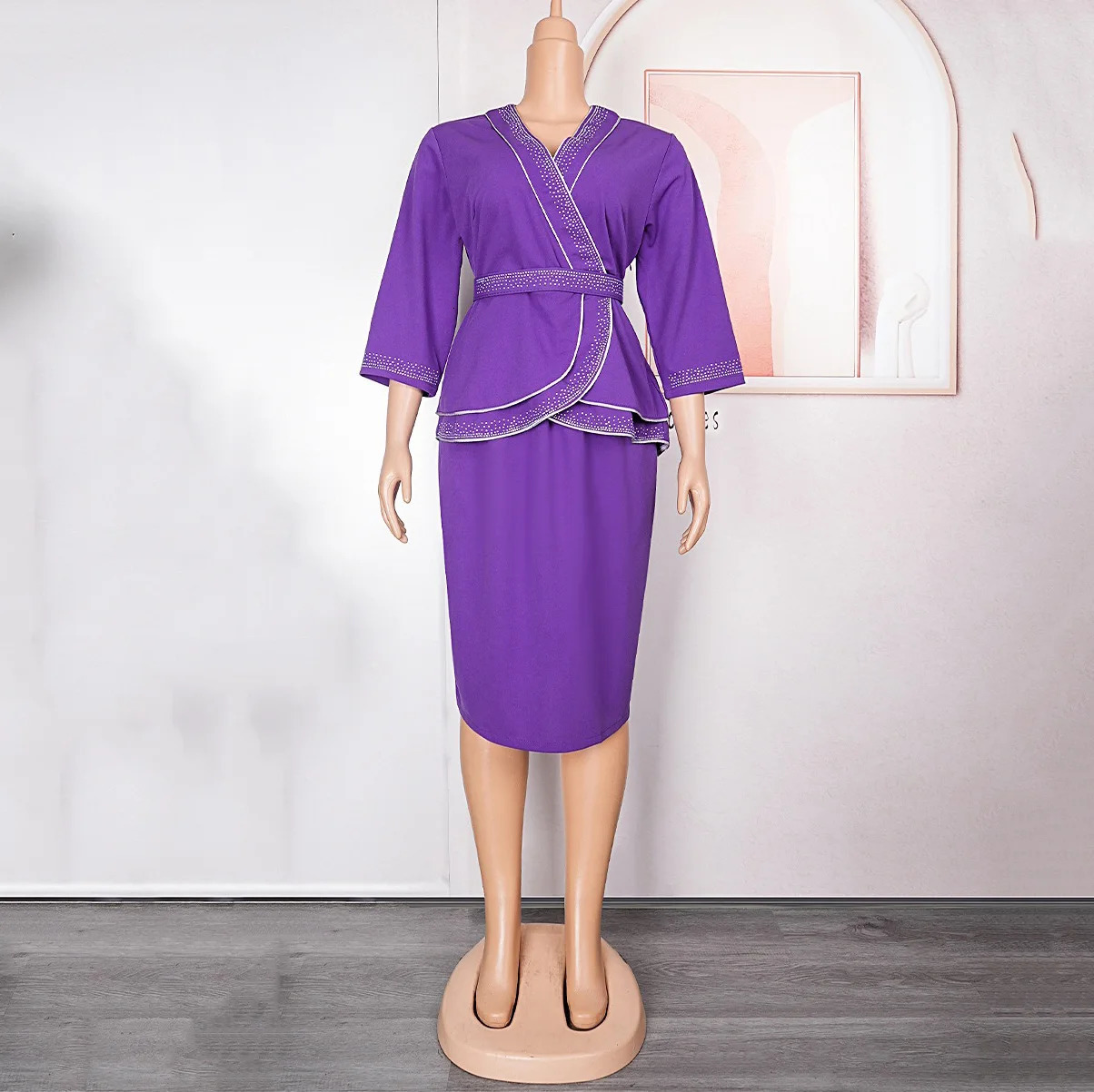Work Dress for Women Office Elegant V Neck Diamond Three Quarter Sleeve Package Hips Mid Calf Professional Business Dress Midi 240518