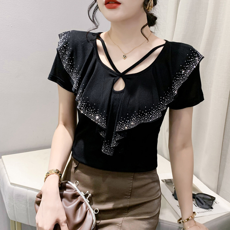 #5410 Summer T Shirt 2025 Women Short Sleeve Sexy Office Mesh new T Shirt Ruffles Dias Sexy Tight Elastic T Shirt Female Hollow Out