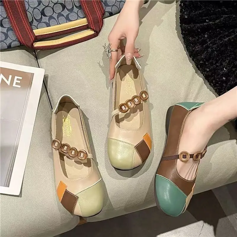 Designer Patchwork Leather Moccasins Mom Flat Vintage Mary Janes Shoes Wide Feet 2025 Hook Loop new Ballt Flats Women Soft Sewing Loafers