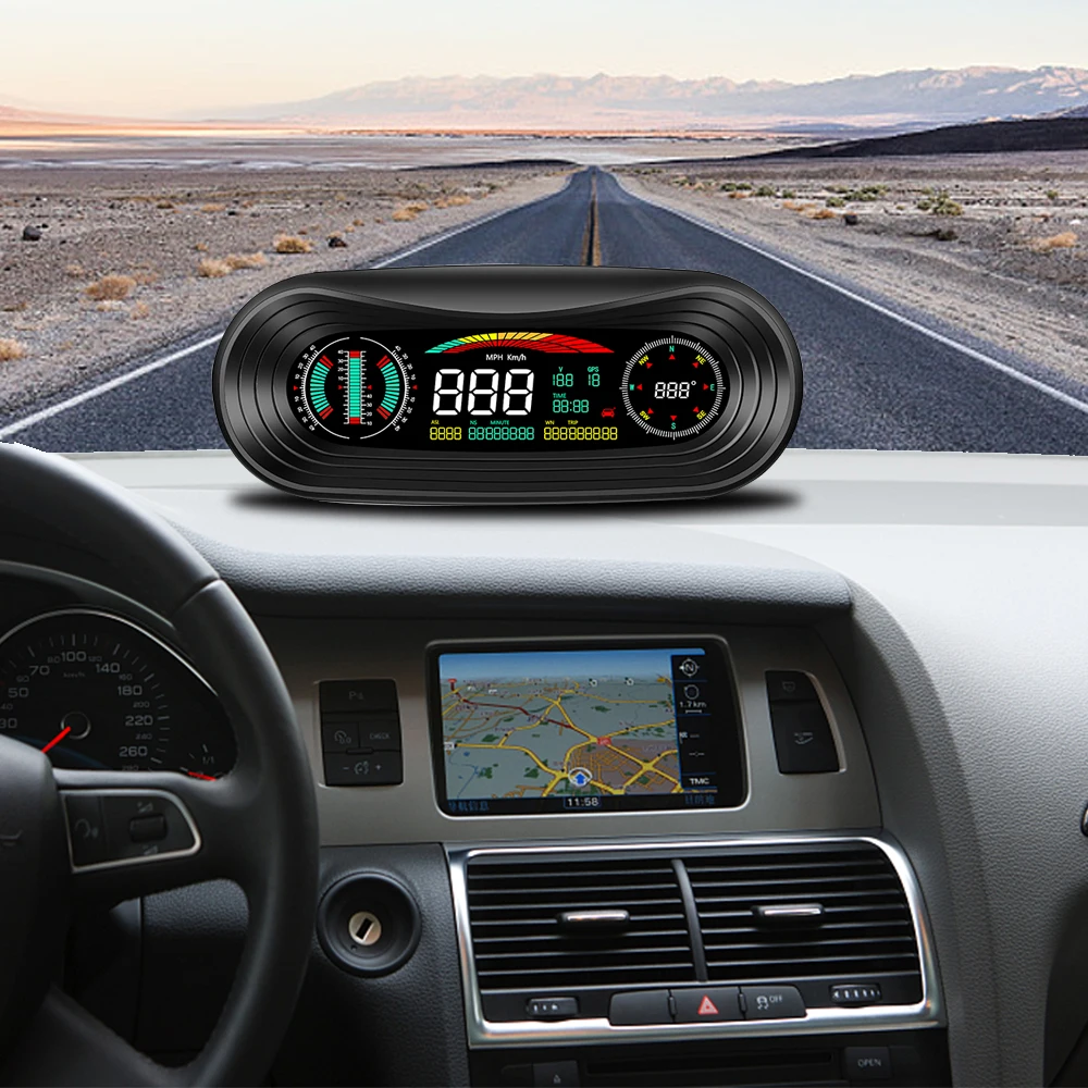 12V Car Inclinometer Slope Gauge HUD Head Up Display 5.2" Speedometer GPS Compass Clock Meter On Board Computer Auto Accessories