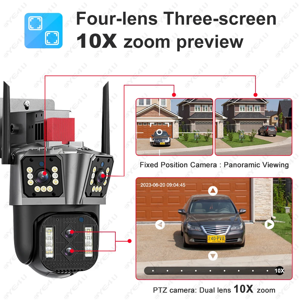 16MP 8K IP Camera 10X Zoom Outdoor Three Screen Four Lens Video Surveillance Cameras WiFi Auto Tracking CCTV 4K Security Cam PTZ