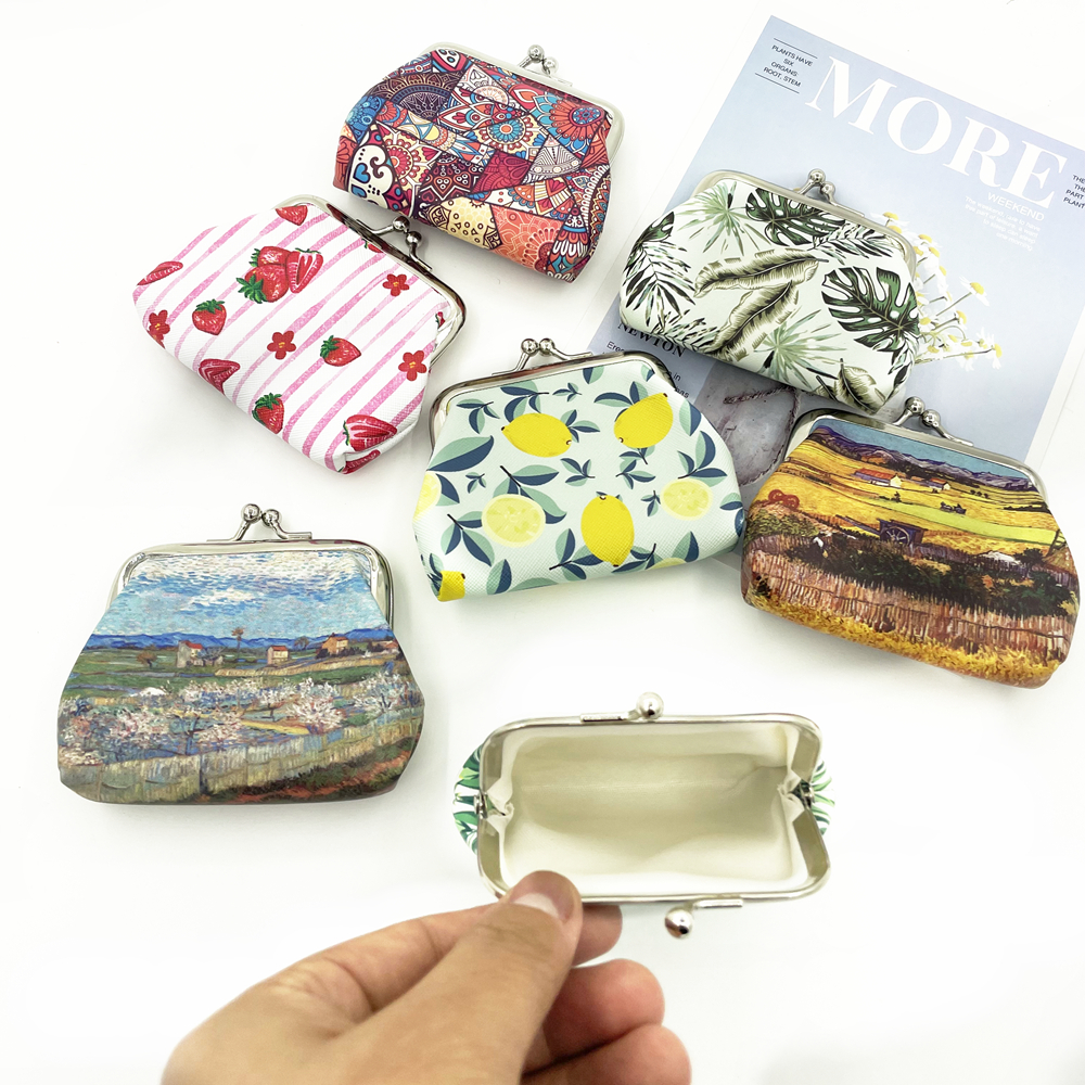 Women Coin Purse Mini Kiss Lock Wallet Small Plant Flower Printing Hasp Wallet Female Girls new Pu 2025 Leather Money Change Pouch