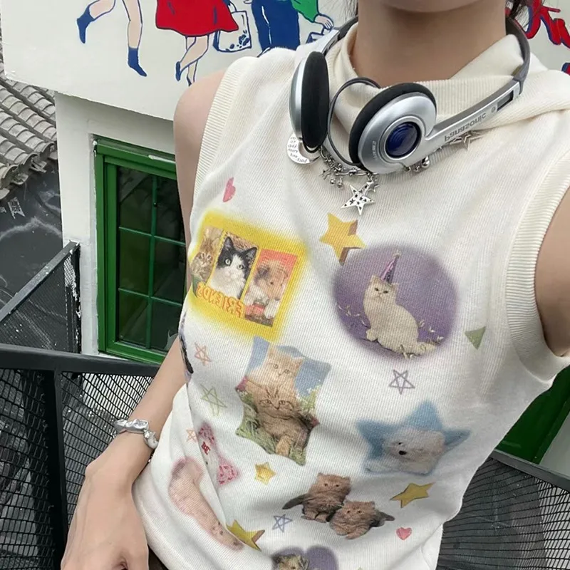 Karrram Y2k Aesthetics Tank Tops Japanese Haruku 2025 Cute Top 2000s Kawaii new Cat Print Tanktop Fairycore Ribbed Hooded Tops E-girl