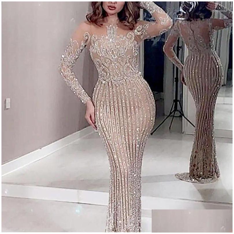 Basic Casual Dresses 2023 Woman Vintage Formal Dress Y O-Neck Sequins Gowns Hollow Long Sleeve Applique Elegant Mermaid Clubwear Eveni Dhocn