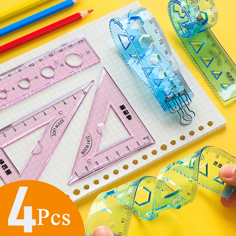 4Pcs Soft Ruler School Supplies Regla Transparent 15cm 20cm Drawing Tool Accessories Kawaii Stationery Bendable School Rules Set