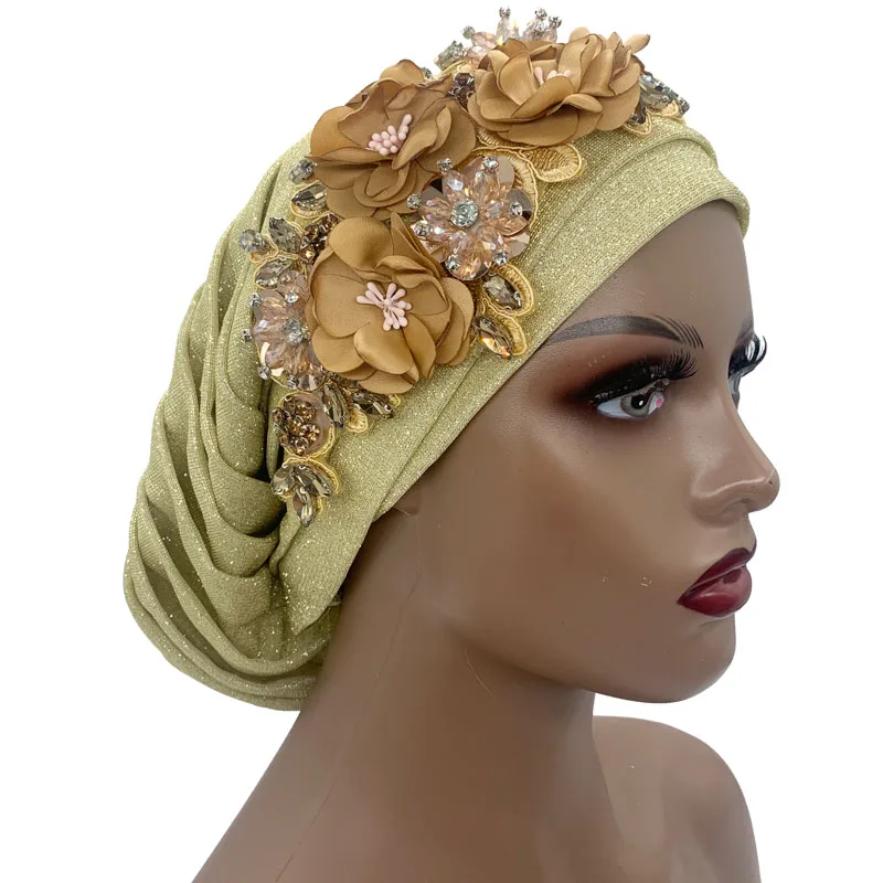 2023 Women's Head Wrap Nigeria Headpiece Lady Party Hat NEW Shiny Pleated Turban Cap with Diamond Bouquet African Headtie