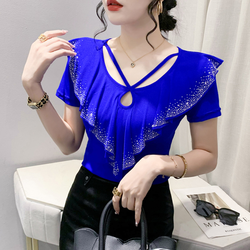 #5410 Summer T Shirt 2025 Women Short Sleeve Sexy Office Mesh new T Shirt Ruffles Dias Sexy Tight Elastic T Shirt Female Hollow Out