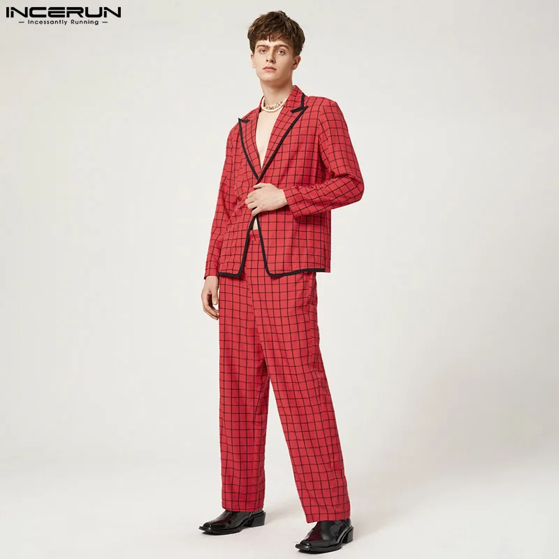 INCERUN 2023 American Style Men Retro Plaid Suits Coats High new 2025 Waist Trousers Casual Streetwear Male All-match Suit 2 Pieces S-5XL