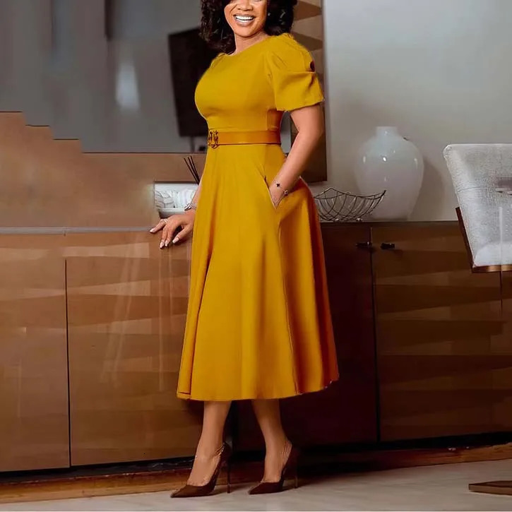 Elegant Office Dress for Women Professional O Neck Short Sleeve Belt Waisted A Line Mid Calf Formal Business Work Dress Midi 240518