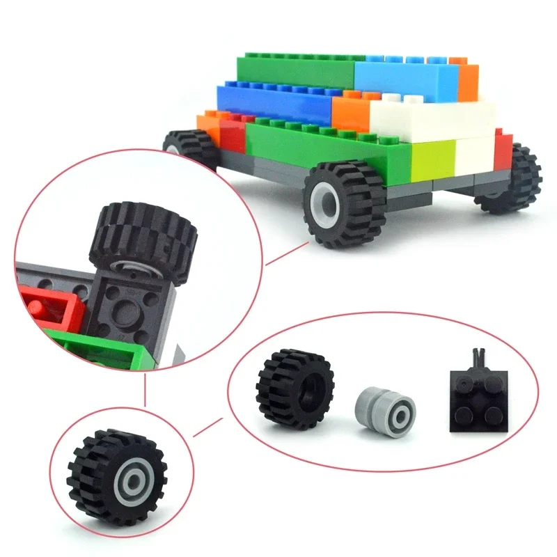 48/80Pcs Mini Wheel Tyre Shaft Plate Axles Pack Set Car Tires Building Blocks Technical Part Truck Vehicle Accessories Brick Toy