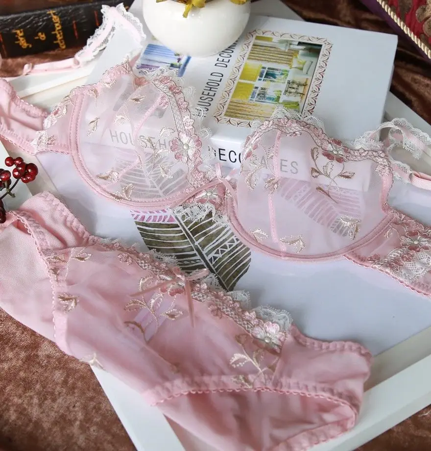 Women's Sexy Lace lingeries Embroidered Flower Bra Unlined Bra with Underwire See Through Breathable Bra set