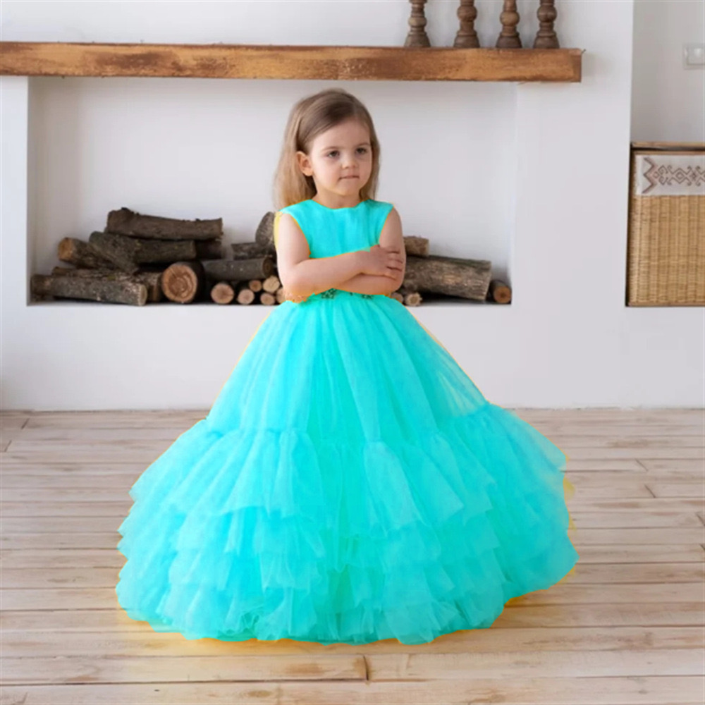 Kids Ball Gown Flower Girl Dresses for Wedding Formal Wear Elegant Birthday Dress 2024 yellow pink TUTU Cute Princess Kids blue Gown communion pageant