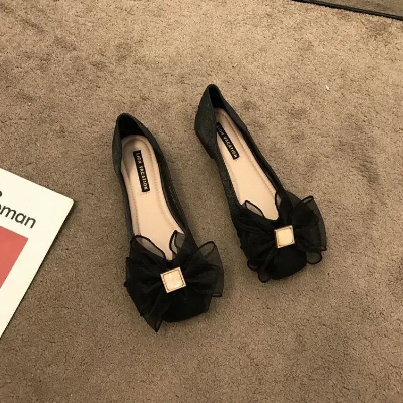 2025 Women Shoes Shallow Lace new Bowknot Soft Sole Size 34-42 French Style Round Toe Spring Autumn Sweet Elegant Flat with Shoes