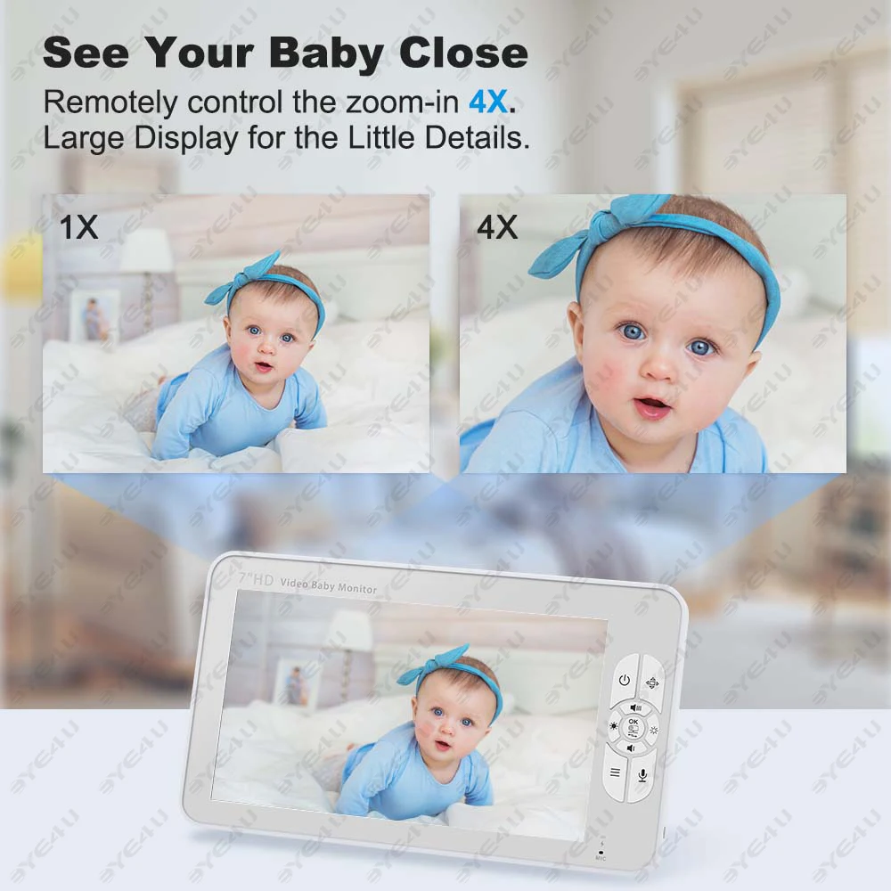 7 Inch Video Baby Monitor Pan Tilt 4X Zoom Camera 2.4G Mother Kids Surveillance Cameras With Temperature Display Screen Split