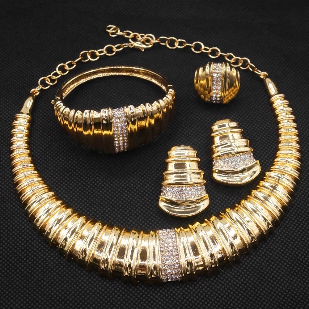 Women Gold Plated Jewelry Set Round Bone Shape Necklace Luxury Wedding and Banquet Jewelry Bracelet Earrings Ring 4PCS