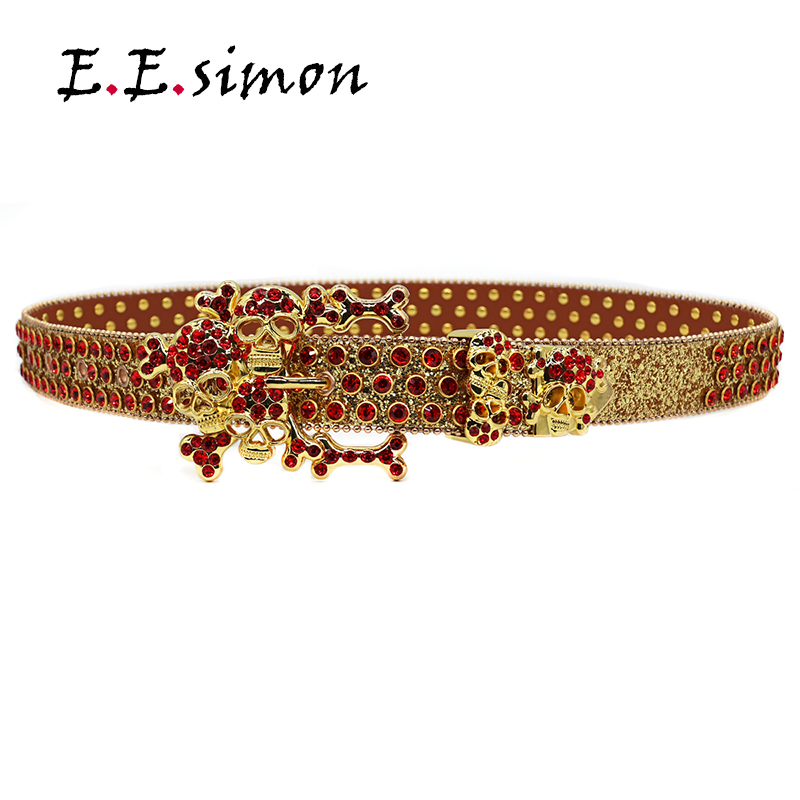 BIG Skull Belts Rhinestones Western Cowboy Cowgirl Sparkle Men Leather Studded Strap Famous Brand Designer Diamond Belt Women