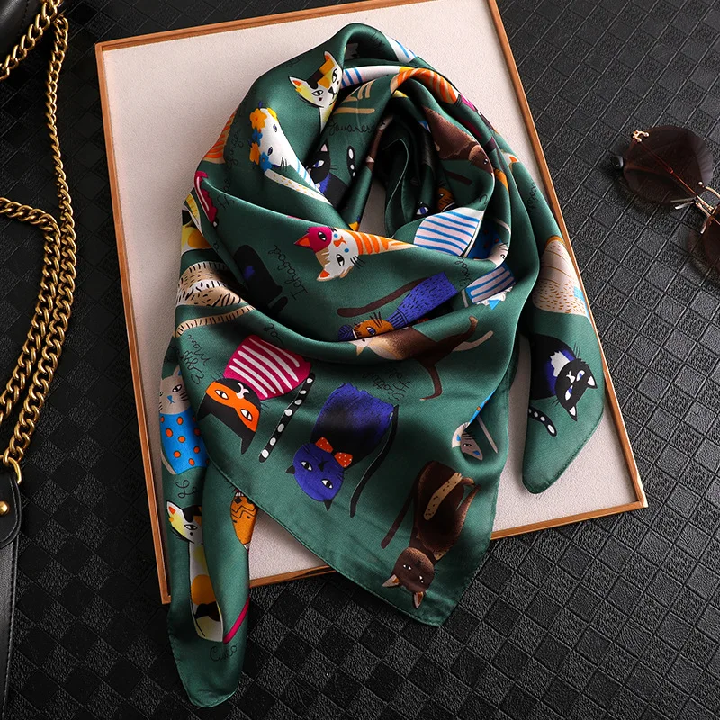 Spring and summer NEW 90x90cm 2025 Brand Silk Square Scarf Women new Tie Hairband Cat printed Scarves Female Foulard scarf stores
