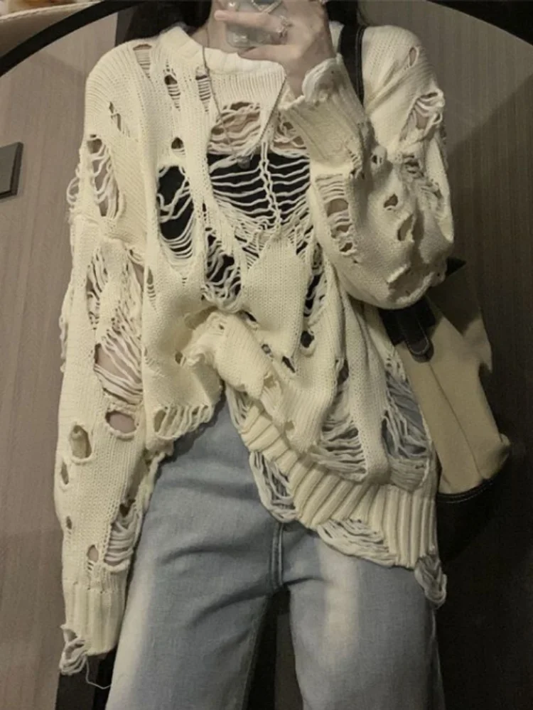 Spring Y2k Aesthetic Holes new Hollow Out Womens Sweater Grunge Loose Cardigan Mujer Fashion Haruku Streetwear 2025 Casual Pull Femme