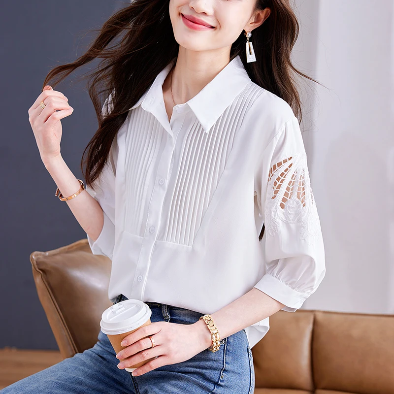 2023 Spring Commuting Long-sleeved new shirt Turndown collar Vintage 2025 Women embroidery Lace Tops Hollow out White Blouse