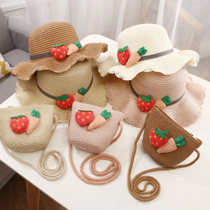 Summer Girls Baby Straw Hat Shoulder 2025 Bag Set Cute Floral Sun new Bucket Hat Tote Bags 2pcs/Set Baby Travel Beach Sunshade Hat Gorros