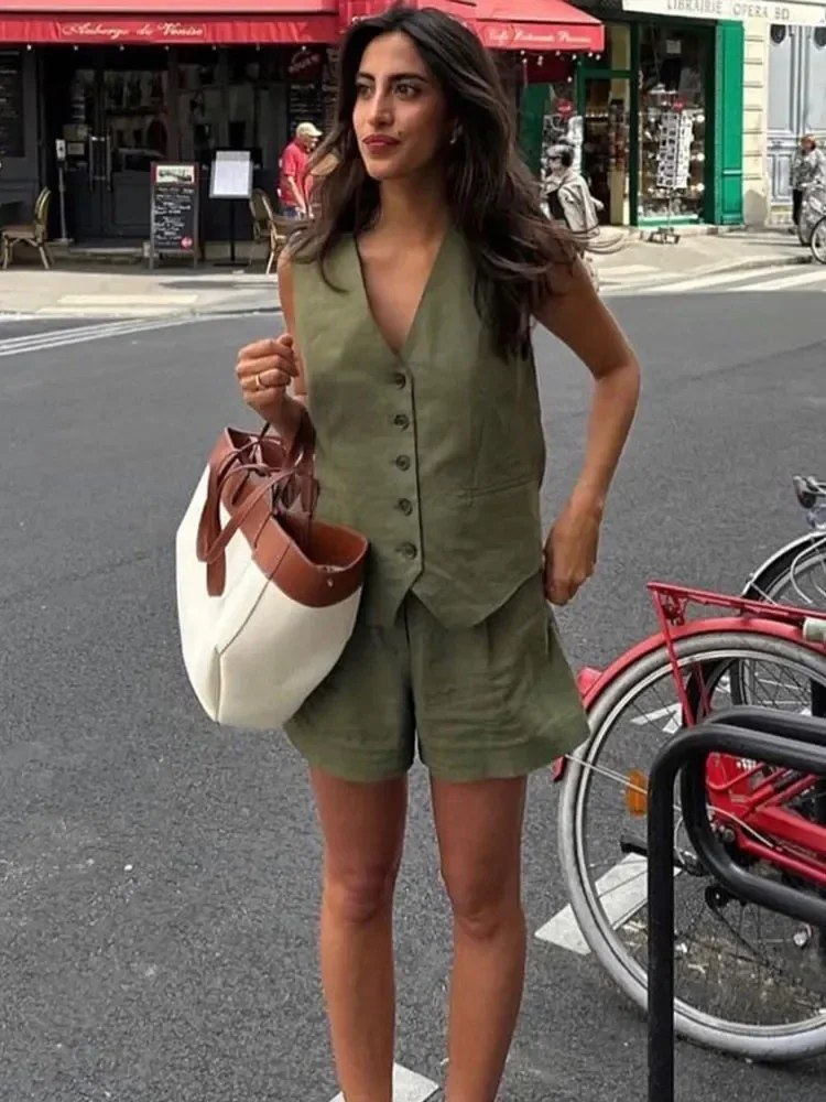 TRAFZA Women Pant Sets Vintage Solid Single Breasted V Neck Waistcoat Tops + Slim Zipper Fly Shorts Summer Office Lady Suits
