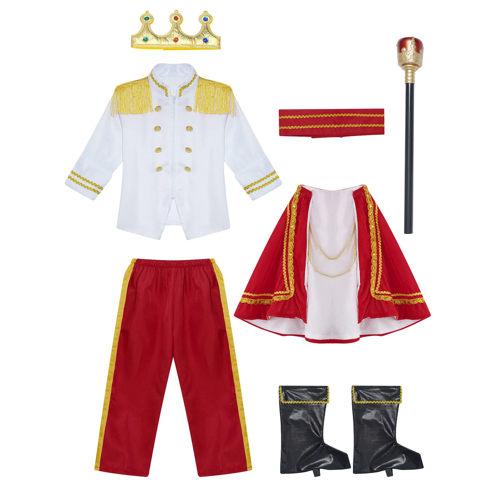 Kid Boys Medieval Prince King Costume Halloween Cosplay Theme Party Masquerade Cloak Crown Scepter Jacket Pants Shoes Covers Set