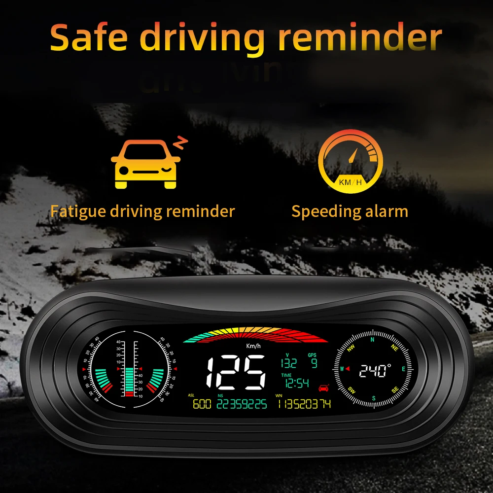 12V Car Inclinometer Slope Gauge HUD Head Up Display 5.2" Speedometer GPS Compass Clock Meter On Board Computer Auto Accessories