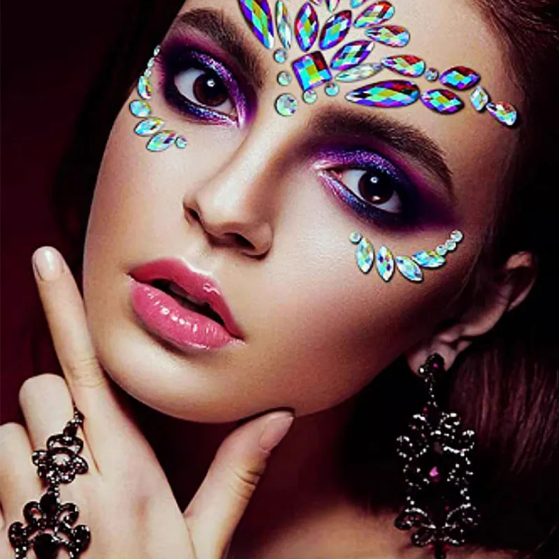 3D Crystal Face Chest Jewels Tattoo Sticker Music Festival Carnival Party Rhinestone Tattoo Halloween Horror Tattoos Decoration