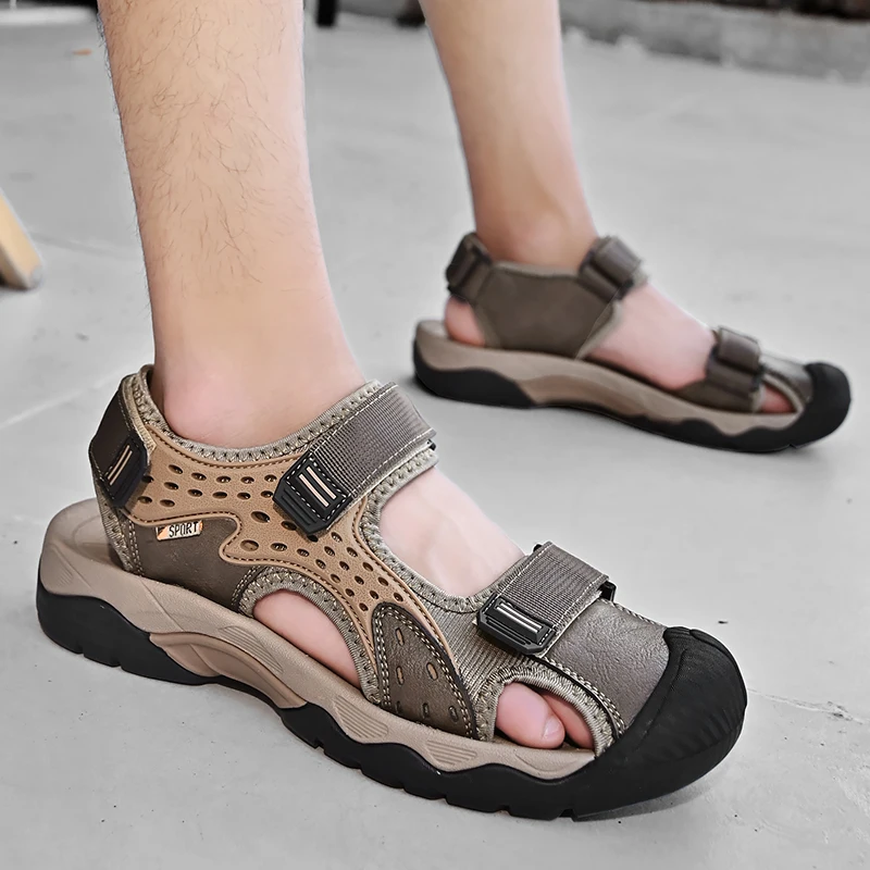 Men Sandals Non-slip Rubber Soles High Quality Casual Water Trekking Mesh Leather Beach Breathable Summer Outdoor Hiking Soft