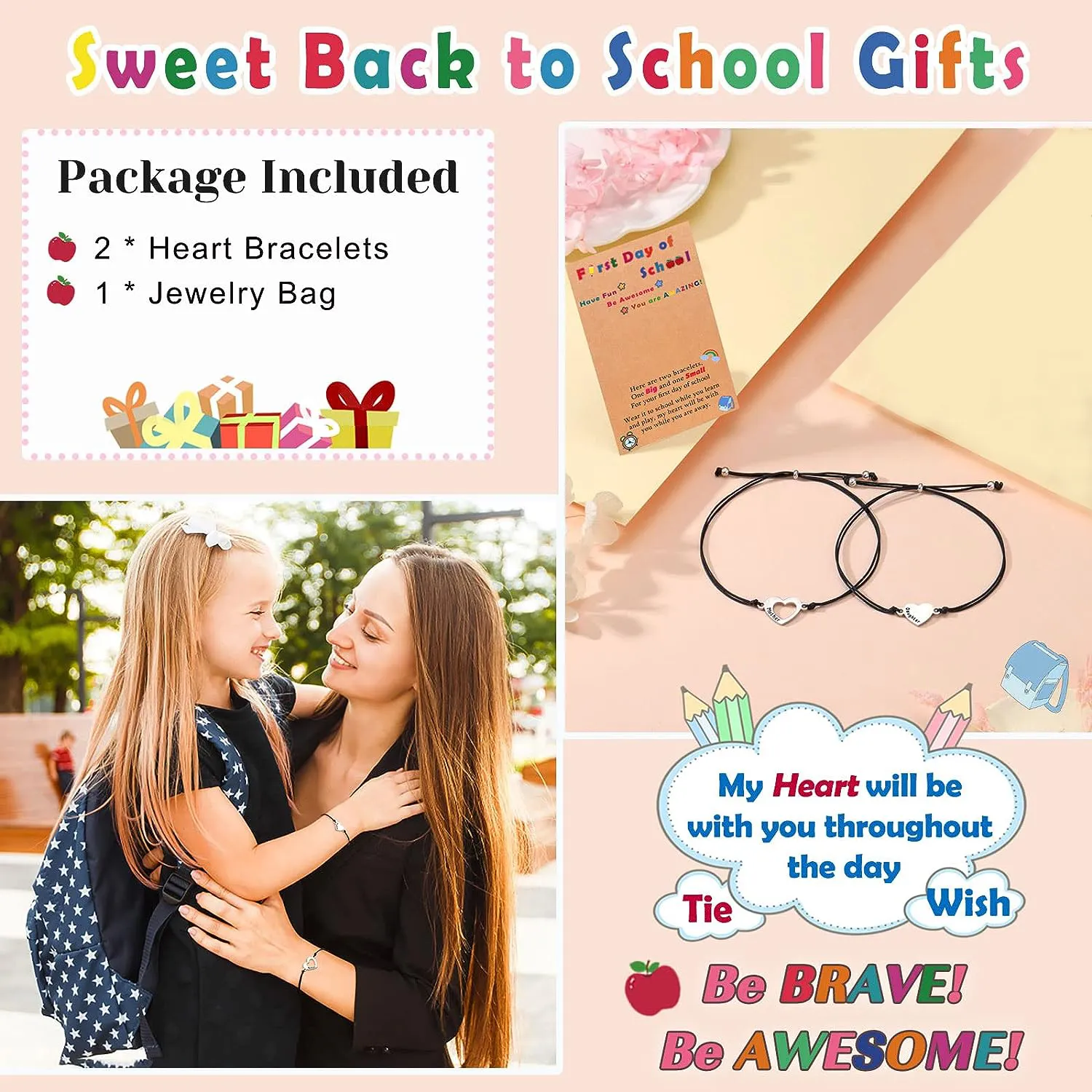 Matching Heart Mother Daughter Bracelets Back to School Bracelet Mommy and Me First Day of School Bracelet for Daughter Girls