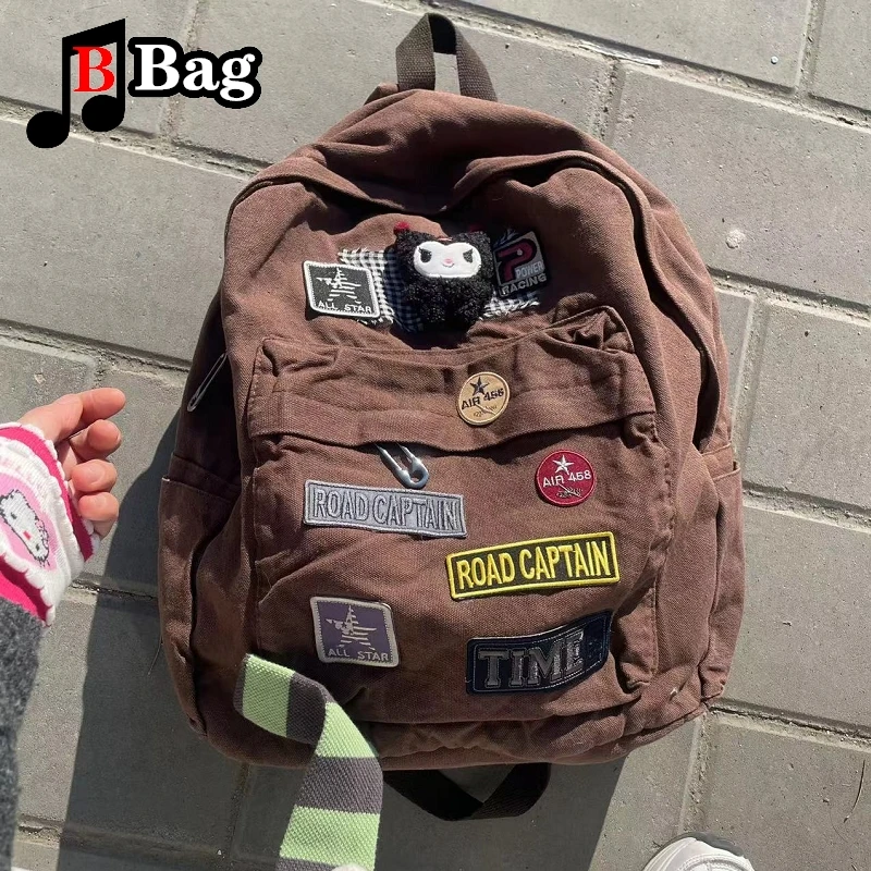 Brown Canvas new Backpack Women Gothic Punk 2025 Spicy Girl Vintage Bag Large Capacity Commuting Tote
