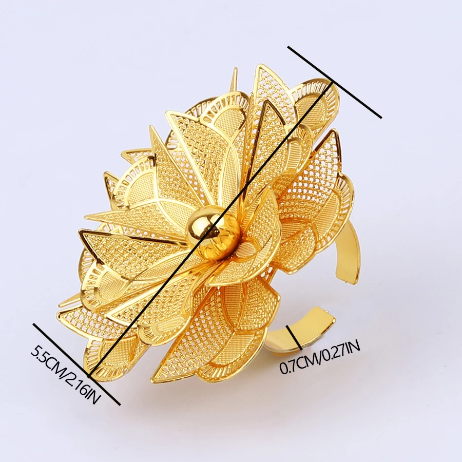 Dubai Gold Plated Rings Nigerian Big Flower Jewellery Indian Wedding Ethiopian Luxury Finger Jewelry For Women 2023 Party Gift