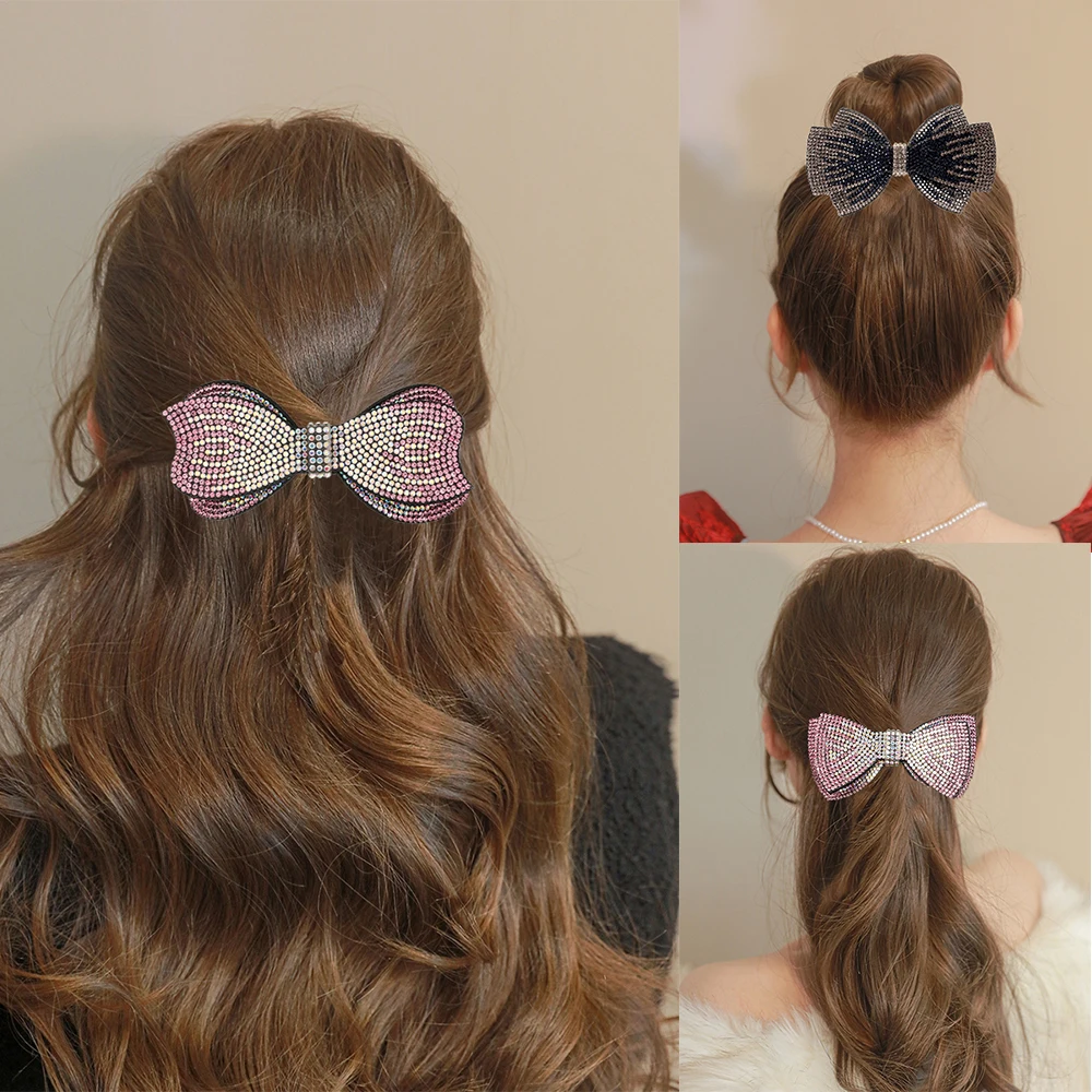Multi-Style Rhinestone Double Bow Hairpin Spring Clip Fairy Top Clips Back Head Hairpin Barrettes Headband for new 2025 Women Headwear
