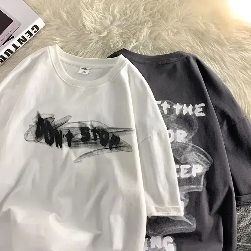Summer creative letter 2025 printing small lovers loose new casual t-shirt versatile handsome men and women half sleeve short sleeve top