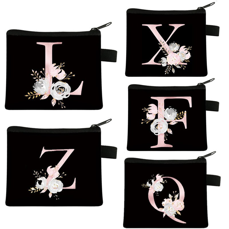Pink Letter Flower Print Purse Cute Portable Zipper Key Storage Bag Small 2025 Fresh Canvas Zippered new Children Coin Purse Clutch Bag