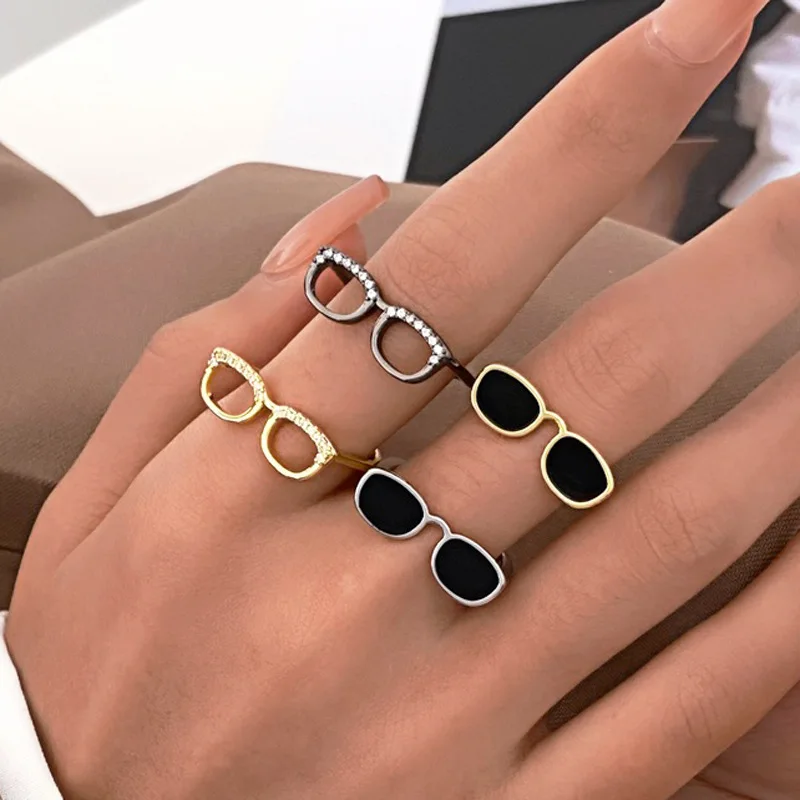 Small Crystal Glasses-shape Finger Ring Couple Jewelry Index Finger Sunglasse-shape Rings new For Women Jewellery Anel 2025 Bague Anillos