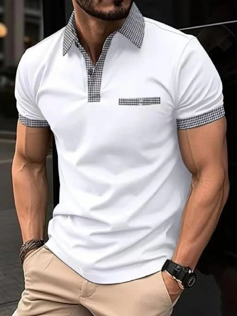 Summer Bussiness Casual Men Polo Shirts Plaid 3D Lapel Button Short Sleeve Fashion Tops Golf T Shirt Oversized Mens Clothing 240513
