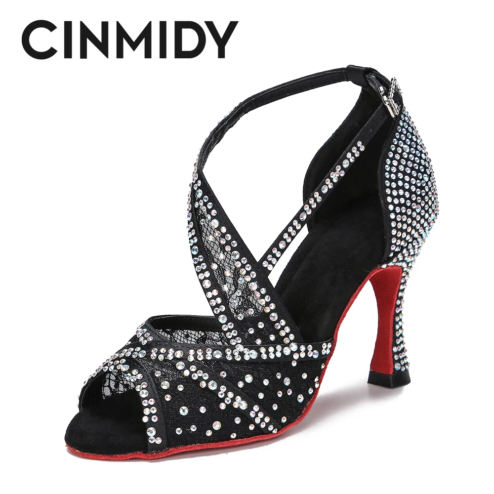 CINMIDY Red Sole Latin Dance Shoes For Women Tango Ballroom Dance Shoes Cuban Heel Rhinestone new Wedding Shoes 2025 Women's Sandals