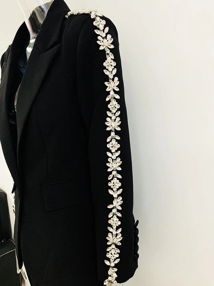 Beaded Rhinestone Blazer new Pants Suits Women Black White 2025 Bead Dia Crystal Slim Fit Handmade Pants Sets Two Pieces Sets Outfits