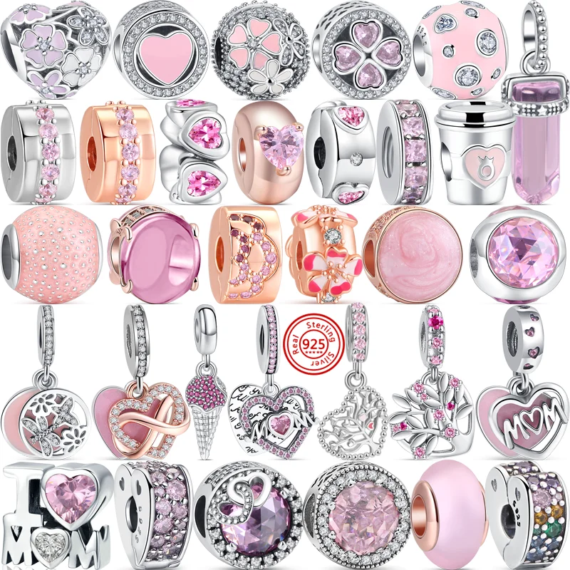 New Pink Love Mom Flowers Heart Shiny Beads 925 Silver Charm Fit Pandora 925 Original Bracelet &Necklace Fine DIY Making Jewelry