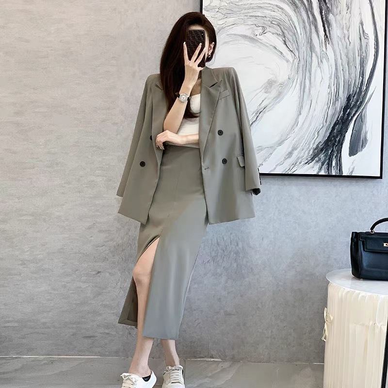 Spring 2025 and Autumn Solid Color Skirt Suit Female Long-sleeved Double-breasted Blazer & High Waist new Open Pencil Skirt Female Suit