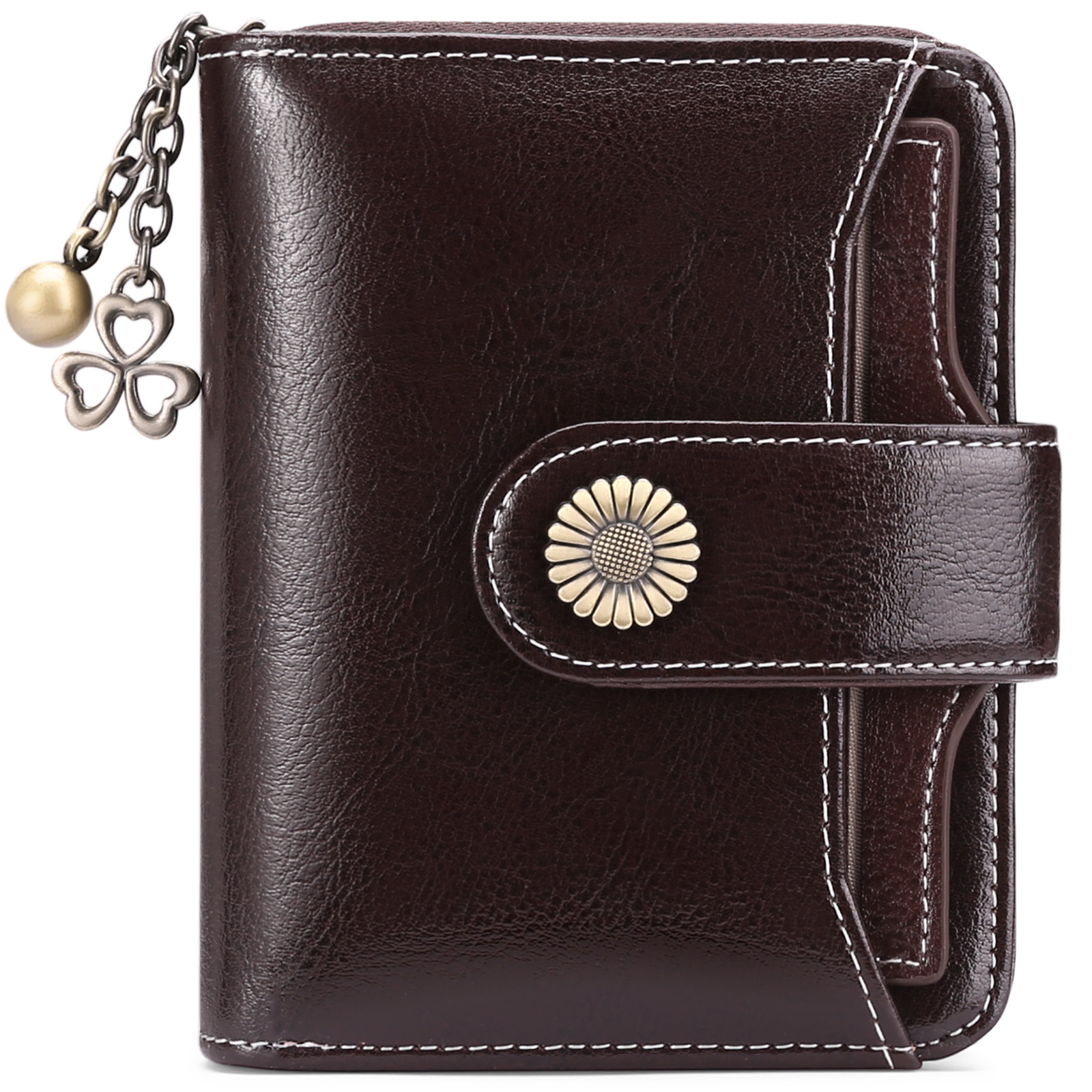 Genuine Leather Women Wallet Short Zipper 100% Head Layer Cowhide Card Holder with Chain Cute Small Coin Purses Female Money Bag