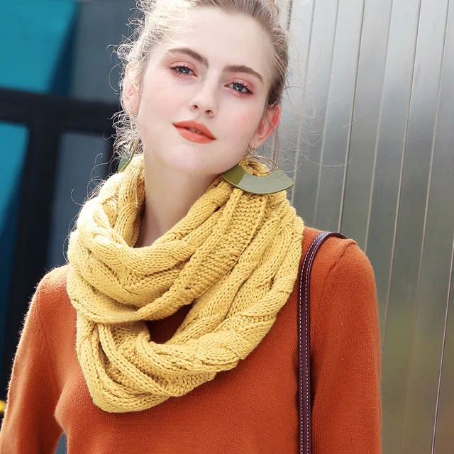 Chunky Cable Knitted Loop Scarf Women Winter Solid Color Neck Warmer Infinity Scarves Snood Hot Sales