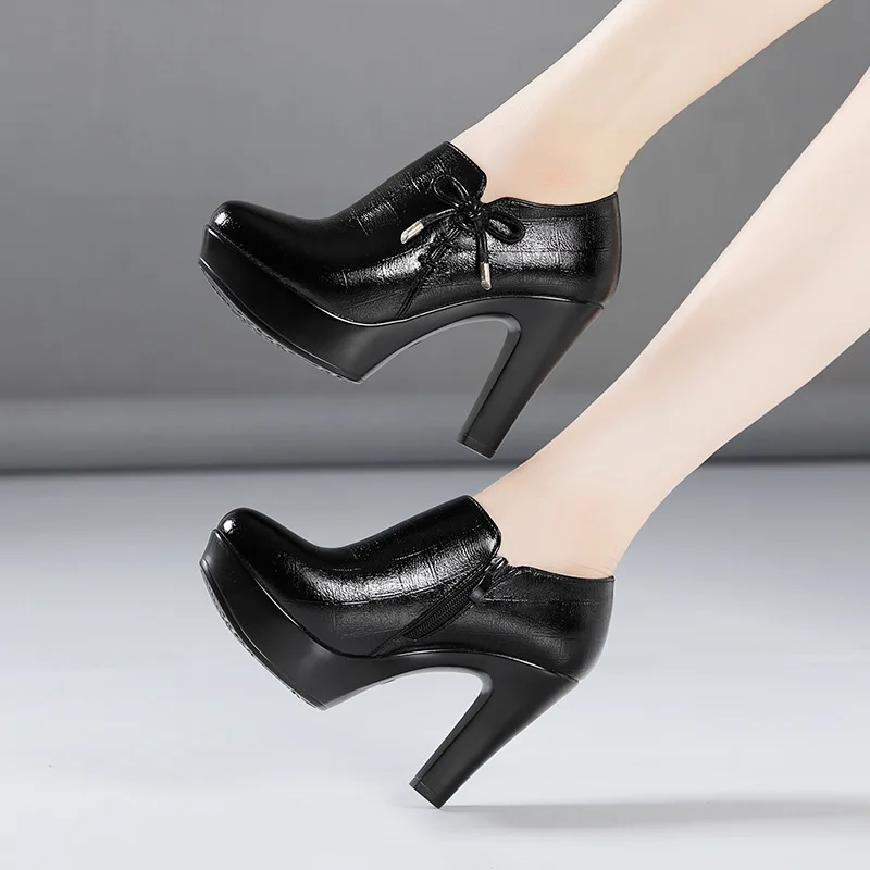 Small Size 32-43 Quality Decent Soft Leather Shoes Women's Platform Pumps for Office Work new 2024 Block High Heels 2025 Shoes with Fur