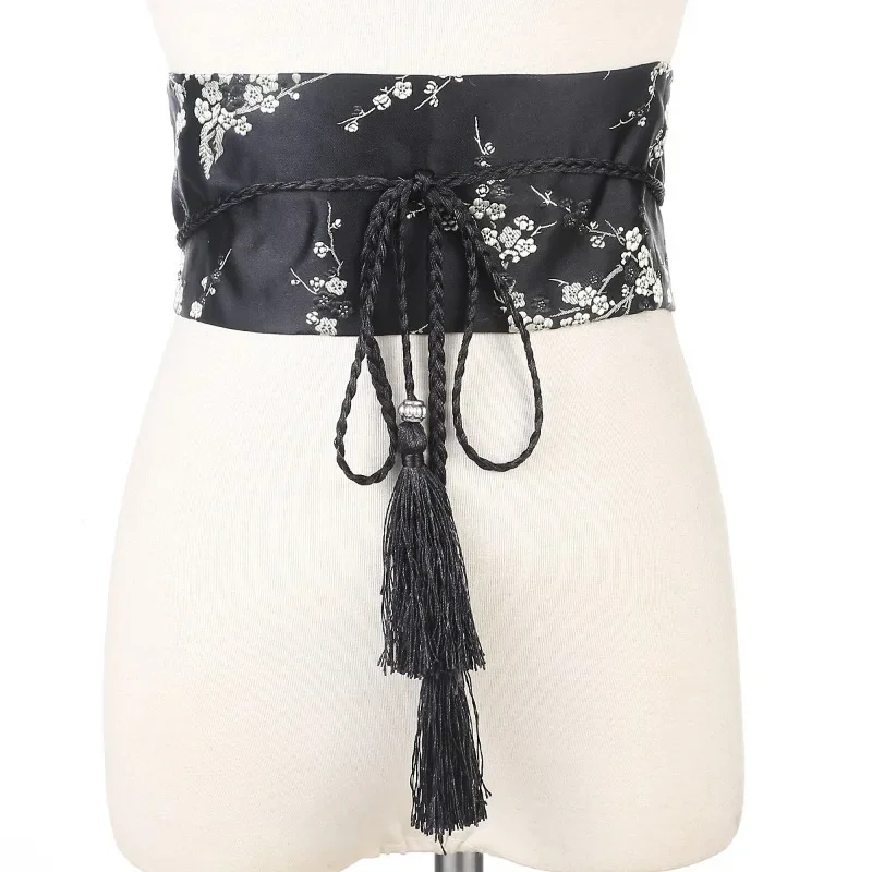 Japanese Wide Corset Cummerbunds Kimono Belt Women Vintage Floral Printed Yukata Sash Tie Satin Waistband