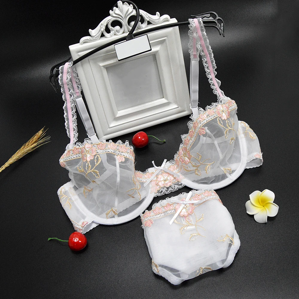 Women's Sexy Lace lingeries Embroidered Flower Bra Unlined Bra with Underwire See Through Breathable Bra set